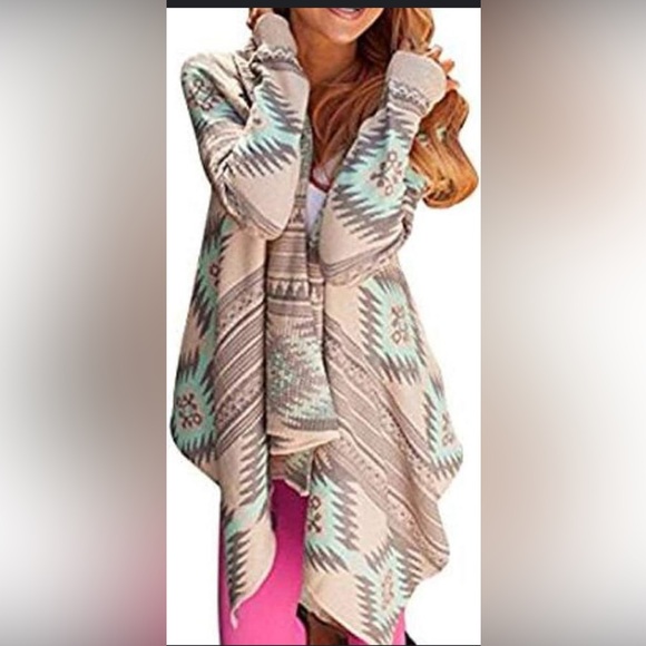 DREAMERS Gray Mint Aztec Southwestern Santa Fe Waterfall Open Cardigan sz Small - Picture 4 of 13